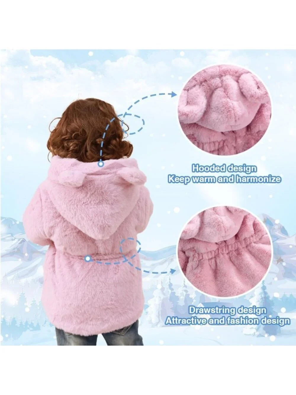 Kids Girls Pink Polyester Winter Warm Outwear Ear Hooded Faux Fur Thicken Fleece